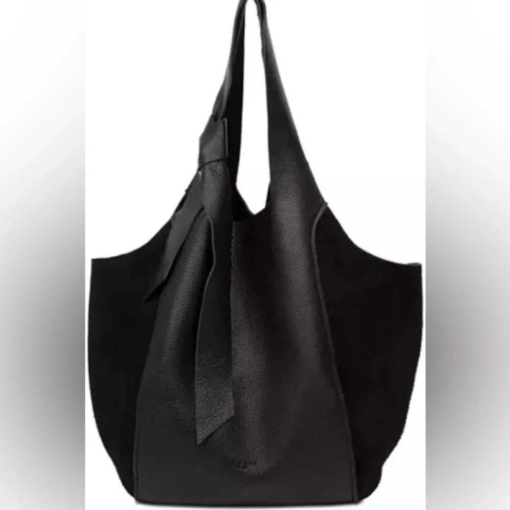 Black Leather Shoulder Bag with Side Tie - Picture 1 of 6